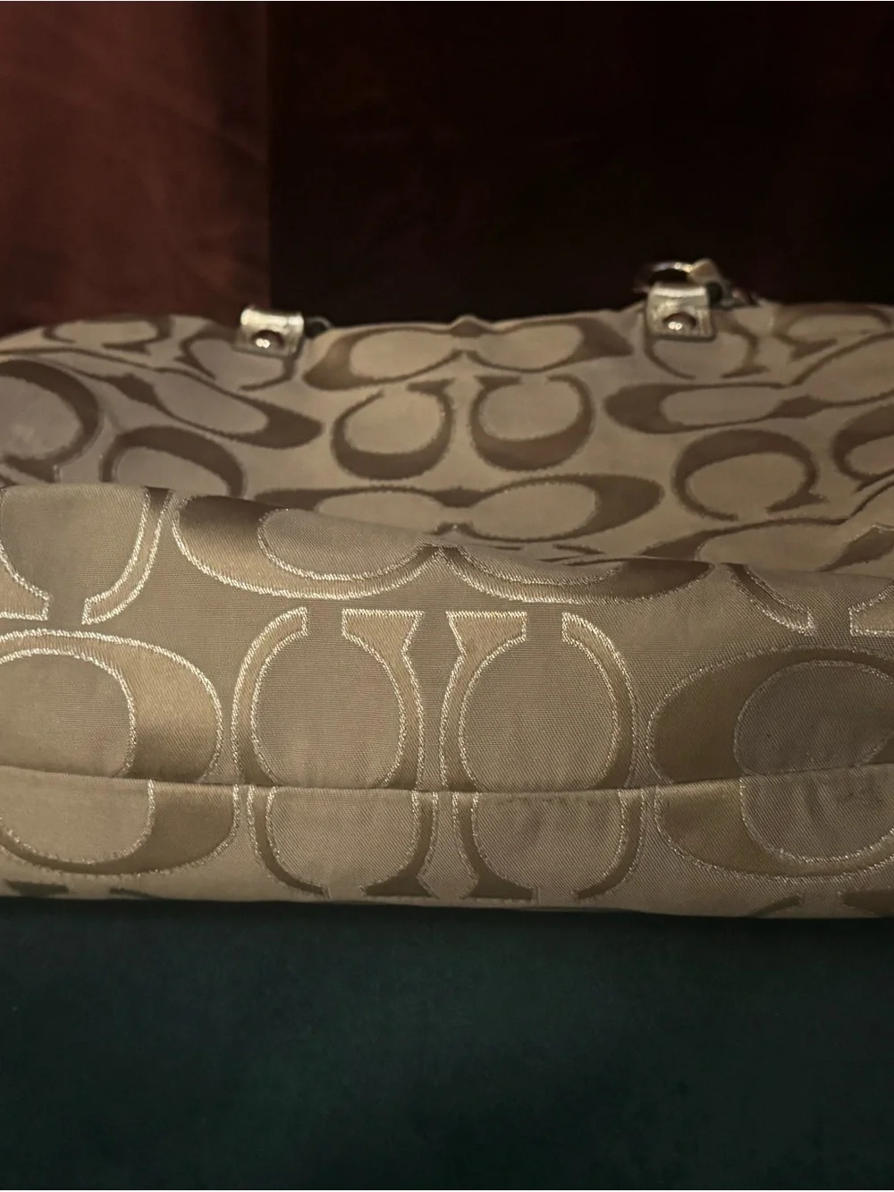 Coach Taupe Signature Shoulder Bag with Purple Lining